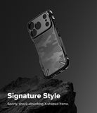 iPhone 18 Pro Max Case | Fusion-X - A black and gray camouflage-patterned phone case with a protective bumper frame, shown floating above a dark textured rock on a dark gray background. White text at the bottom reads 'Signature Style' and 'Sporty, shock-absorbing X-shaped frame.