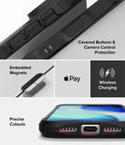 iPhone 18 Pro / Pro Max Case Fusion-X Magnetic all-groups - A black protective phone case shown in a multi-panel feature graphic. The panels highlight covered buttons and camera control protection, embedded magnets for wireless charging, precise cutouts, and compatibility with Apple Pay.
