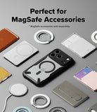 iPhone 18 Pro Max Case | Fusion-X Magnetic - A clear MagSafe-compatible phone case with a black bumper and MagSafe ring, shown among other MagSafe accessories on a light gray background. Text at the top reads 'Perfect for MagSafe Accessories' with a note that MagSafe accessories are sold separately.