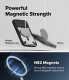 iPhone 18 Pro Max Case | Fusion-X Magnetic - Promotional graphic for a magnetic phone case. The top half shows a black Ringke magnetic case with a circular MagSafe ring floating above a phone, with text reading 'Powerful Magnetic Strength' and 'Ringke Magnetic case' versus 'Others.