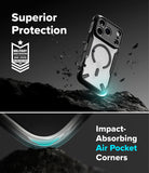 iPhone 18 Pro Max Case | Fusion-X Magnetic - A clear protective phone case with a black MagSafe ring is shown floating above dark rocks in a dramatic promotional graphic. Text reads 'Superior Protection' with a military drop-test badge, and the lower section says 'Impact-Absorbing Air Pocket Corners' with a close-up of the curved transparent corner.