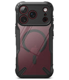 iPhone 18 Pro Max Case | Fusion-X Magnetic - Two views of a rugged transparent phone case with a black bumper frame, shown on a white background. One view shows the back with a MagSafe ring and camera cutouts, and the other shows the front with a black screen protector featuring a blue glowing abstract pattern.