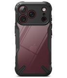 iPhone 18 Pro Max Case | Fusion-X - Two views of a rugged protective phone case on an iPhone: the back view shows a clear back panel with a black bumper and camera surround, and the front view shows a black front bumper with a blue and black abstract patterned design.