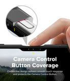 iPhone 18 Pro / Pro Max Case Fusion Bold Magnetic Matte all-groups - Close-up of a finger pressing a camera control button on a smartphone, with a circular inset showing the button cover detail and text reading 'Camera Control Button Coverage' on a white background.