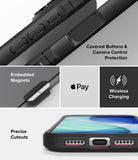 iPhone 18 Pro Max Case | Fusion Bold Magnetic Matte - A black protective phone case shown in a multi-panel infographic highlighting features: covered buttons and camera control protection, embedded magnets, wireless charging compatibility, and precise cutouts. The Apple Pay logo is visible, indicating compatibility rather than the product brand.