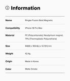 iPhone 18 Pro Max Case | Fusion Bold Magnetic Matte - A product information card with a light gray background and black text listing details for the Ringke Fusion Bold Magnetic, including compatibility with iPhone 18 Pro Max, material, size, weight, and origin. The color is specified as Matte Smoke.
