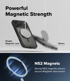 iPhone 18 Pro Max Case | Fusion Bold Magnetic Matte - Promotional graphic for a magnetic phone case showing a black Ringke magnetic case with a MagSafe ring, alongside blurred generic magnets to demonstrate magnetic strength. Text reads 'Powerful Magnetic Strength' and 'N52 Magnets Strong N52 magnets ensure secure MagSafe attachment'.