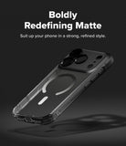 iPhone 18 Pro Max Case | Fusion Bold Magnetic Matte - A clear matte phone case with a black camera ring and MagSafe-compatible circular magnet, shown floating at an angle on a dark gray background with promotional text at the top.