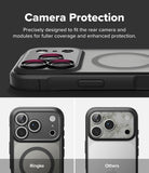 iPhone 18 Pro Max Case | Fusion Bold Magnetic Matte - A promotional graphic for a phone camera protection case. The top section shows a close-up of a black camera protection frame fitted over a phone's rear camera area, with text reading 'Camera Protection.