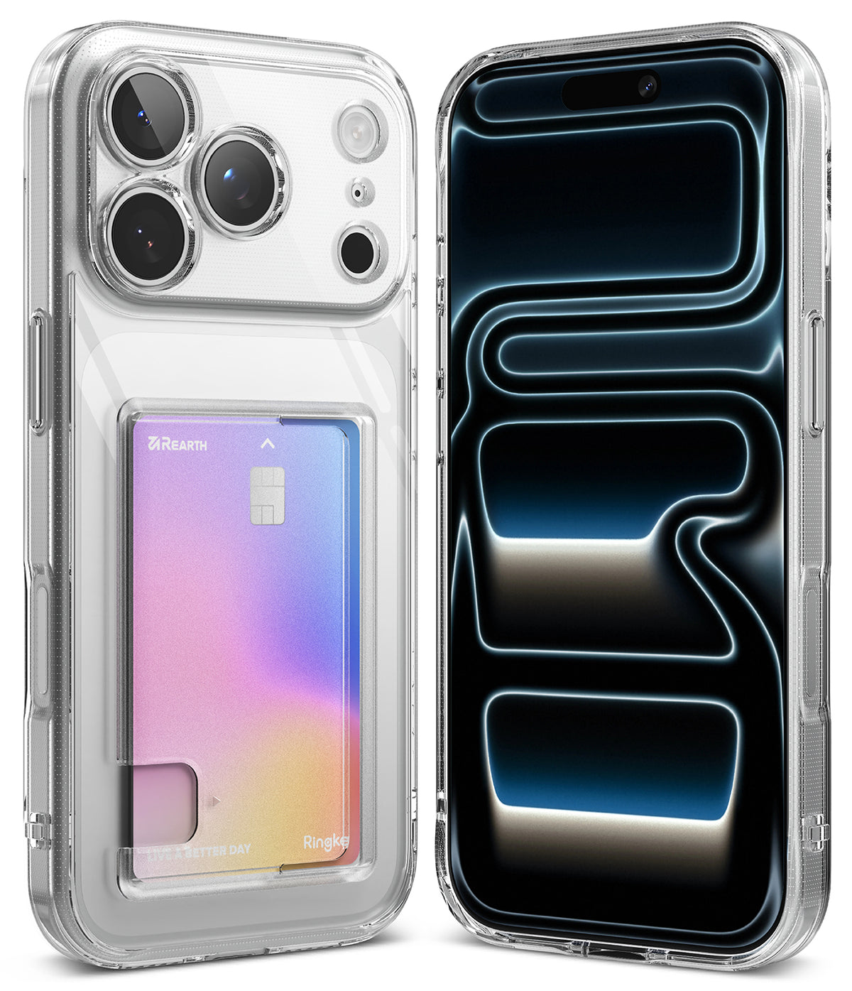 iPhone 18 Pro Max Case | Fusion Card - Two clear smartphone cases shown side by side on a white background. The left case is shown from the back with a built-in card slot holding a pastel gradient card; the right case is shown from the front with a dark blue and black display and a glowing abstract pattern.