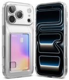 iPhone 18 Pro Max Case | Fusion Card - Two clear smartphone cases shown side by side on a white background. The left case is shown from the back with a built-in card slot holding a pastel gradient card; the right case is shown from the front with a dark blue and black display and a glowing abstract pattern.