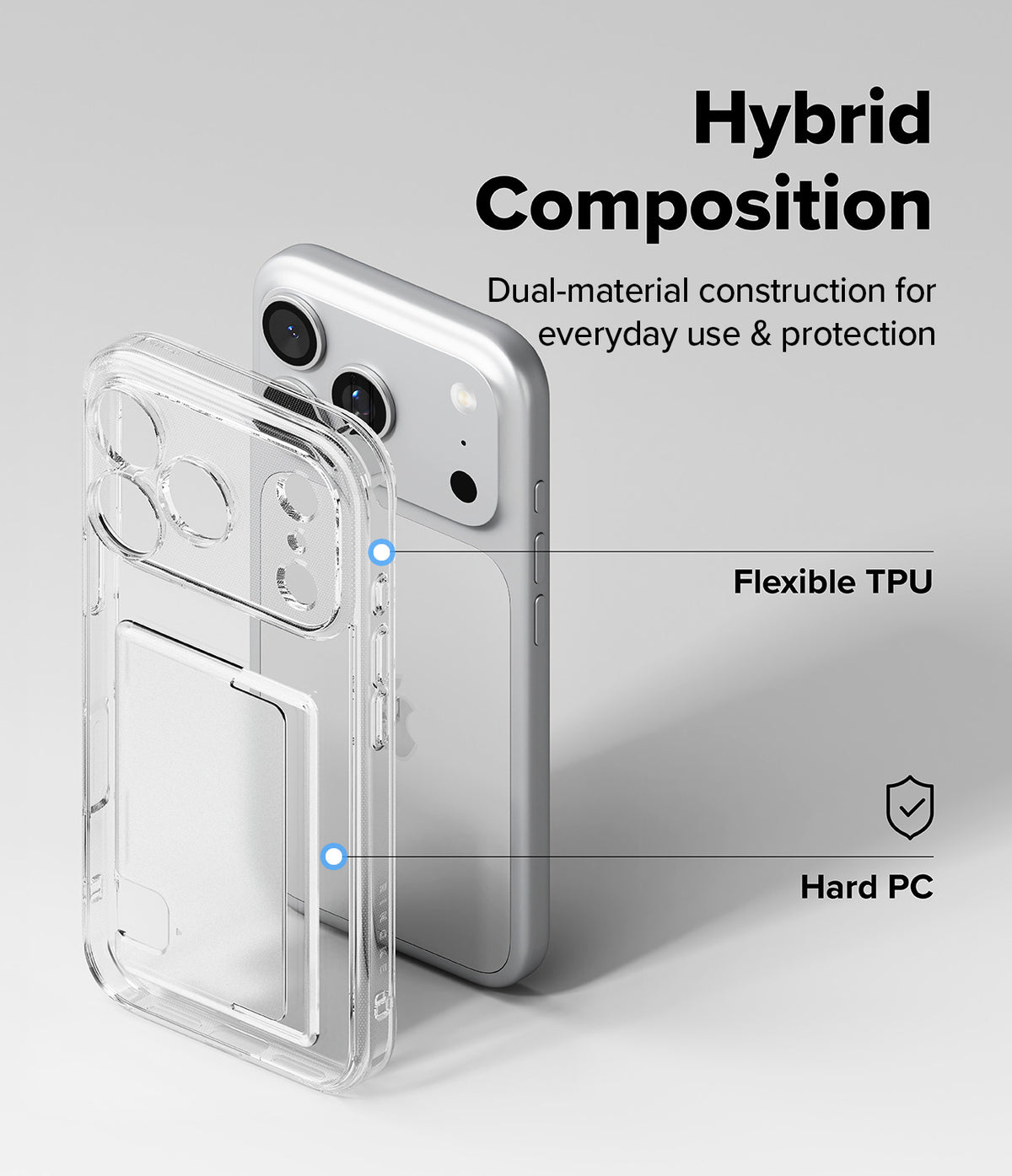 iPhone 18 Pro Max Case | Fusion Card - Clear hybrid phone case shown on a silver smartphone, with text callouts reading 'Hybrid Composition,' 'Flexible TPU,' and 'Hard PC' on a light gray background.