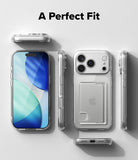 iPhone 18 Pro Max Case | Fusion Card - A clear protective phone case shown from multiple angles on a light gray background, with a smartphone inside and the case fitted around the phone. The text 'A Perfect Fit' appears at the top.