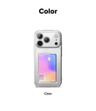 iPhone 18 Pro Max Case | Fusion Card - A clear phone case shown on a smartphone against a white background, with the word 'Color' at the top and 'Clear' at the bottom. The case has a transparent back with a built-in card holder containing a pastel gradient card.