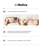 iPhone 18 Pro Max Case | Fusion Card - A printed notice sheet with text and two small demonstration photos showing a clear phone case. The notice says not to excessively twist or bend the case and mentions that discoloration is influenced by environmental factors, with a warning that third-party product compatibility is not guaranteed.
