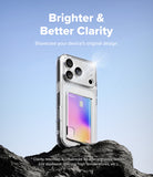 iPhone 18 Pro Max Case | Fusion Card - A clear protective phone case with a built-in card holder pocket, shown standing on dark rocks against a light blue sky. White text at the top reads 'Brighter & Better Clarity' and a small disclaimer appears at the bottom.