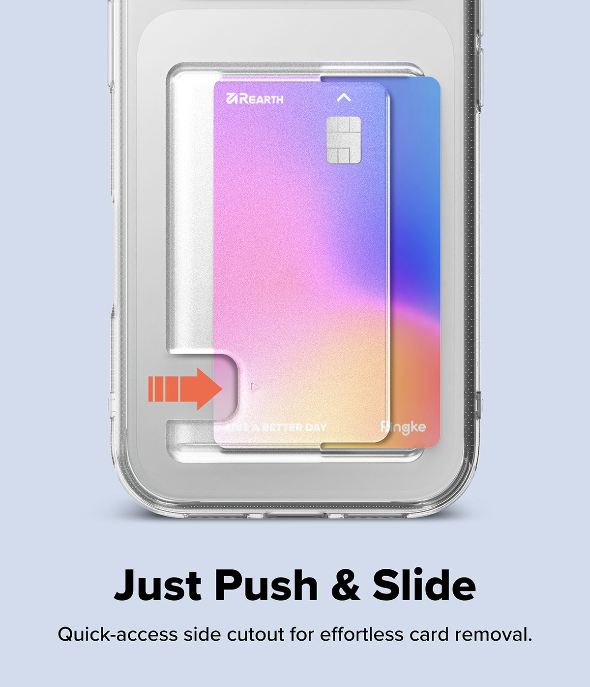 iPhone 18 Pro Max Case | Fusion Card - A clear smartphone case with a side cutout feature, shown with a colorful card partially inserted. The image includes text reading 'Just Push & Slide' and 'Quick-access side cutout for effortless card removal.