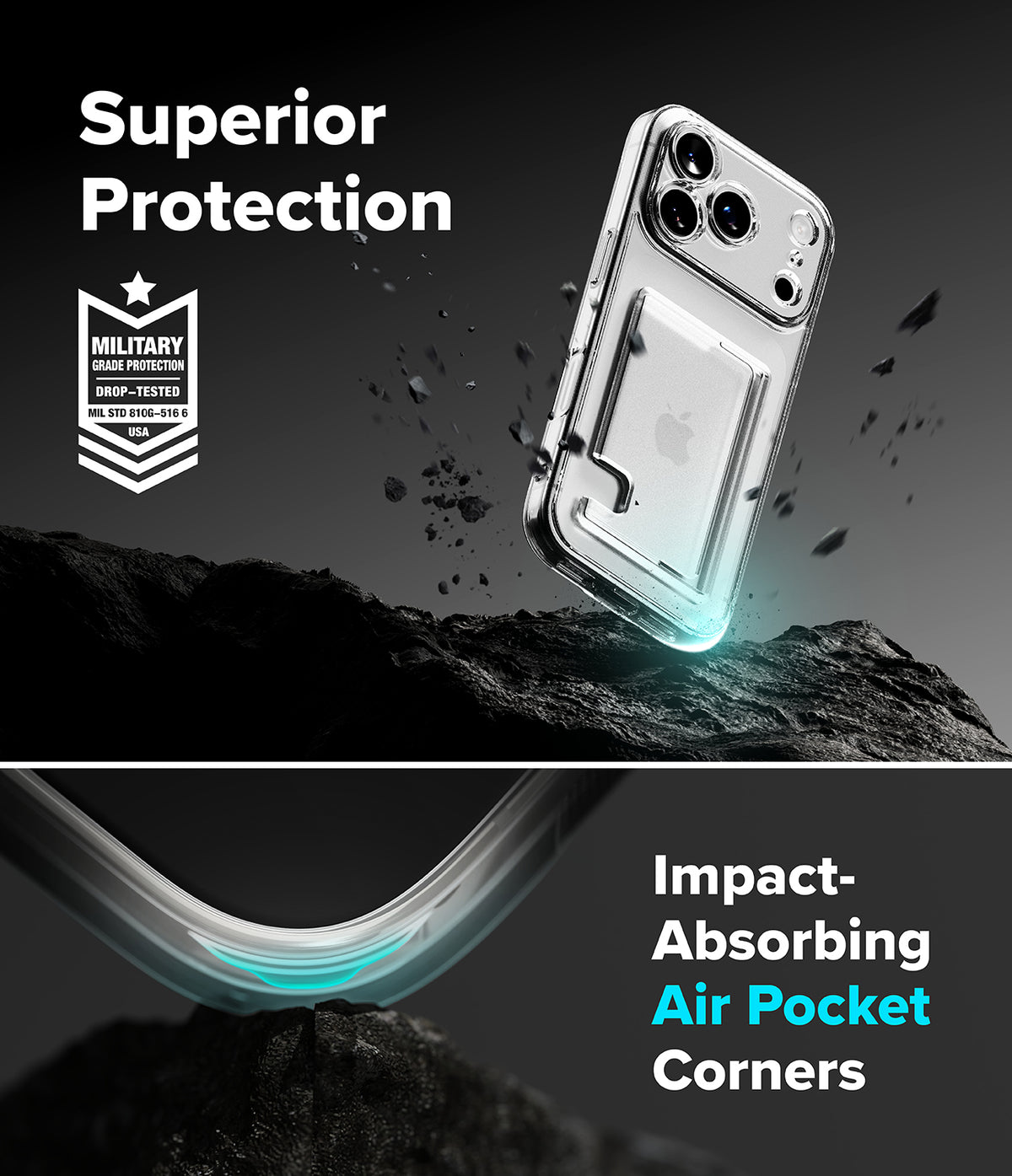 iPhone 18 Pro Max Case | Fusion Card - Transparent protective phone case with an integrated kickstand and air pocket corner design, shown floating above dark rocks with marketing text reading 'Superior Protection' and 'Impact-Absorbing Air Pocket Corners.'.