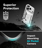 iPhone 18 Pro Max Case | Fusion Card - Transparent protective phone case with an integrated kickstand and air pocket corner design, shown floating above dark rocks with marketing text reading 'Superior Protection' and 'Impact-Absorbing Air Pocket Corners.'.