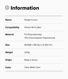 iPhone 18 Pro Max Case | Fusion - Product information card for Ringke Fusion case with specifications on a white background