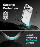 iPhone 18 Pro Max Case | Fusion - A clear protective phone case shown on a smartphone, with marketing text reading 'Superior Protection' and 'Impact-Absorbing Air Pocket Corners.' The design includes a military impact-absorbing badge and a dramatic dark background with floating debris and a curved transparent corner detail.