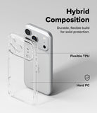 iPhone 18 Pro Max Case | Fusion - Clear hybrid phone case shown beside a silver smartphone on a light gray background, with text reading 'Hybrid Composition' and callouts for 'Flexible TPU' and 'Hard PC'.