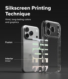 iPhone 18 Pro Max Case | Fusion Design - A clear phone case shown beside a silver phone, with text reading 'Silkscreen Printing Technique' and labels pointing to 'Fusion' and 'Interior Inner.' The image explains the transparent printed design of the case rather than showing a plain product-only studio shot.