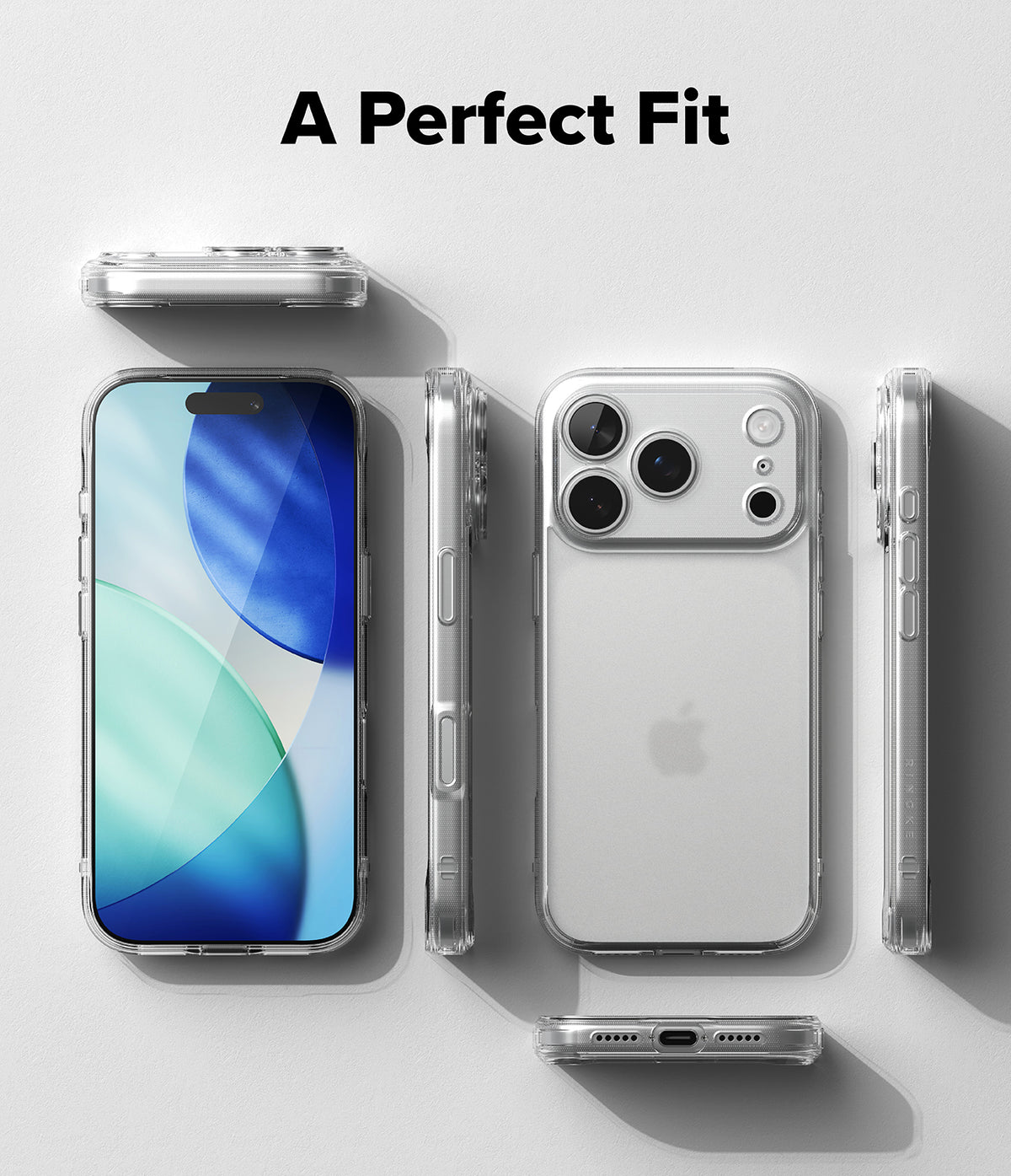 iPhone 18 Pro Max Case | Fusion Matte - A clear smartphone case shown from multiple angles on a light gray background, with the text 'A Perfect Fit' at the top. The phone inside the case is visible, but the sold product appears to be the transparent case.
