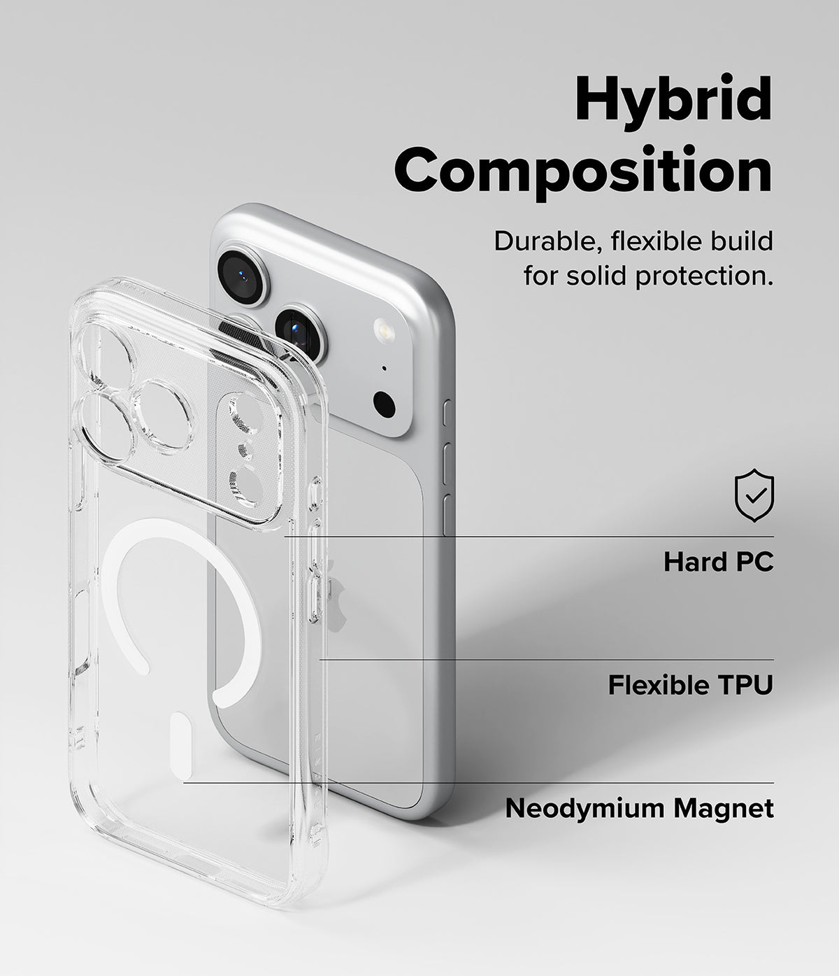 iPhone 18 Pro Max Case | Fusion Magnetic - Transparent hybrid phone case shown in front of a silver smartphone on a light gray background, with text callouts reading 'Hybrid Composition,' 'Hard PC,' 'Flexible TPU,' and 'Neodymium Magnet.'.