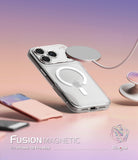 iPhone 18 Pro Max Case | Fusion Magnetic Matte - A clear magnetic phone case shown on a smartphone, with a floating silver MagSafe ring and cable. The case has a cutout for the camera and a MagSafe-compatible magnetic ring on the back.
