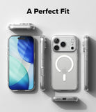 iPhone 18 Pro Max Case | Fusion Magnetic Matte - A clear protective phone case shown from multiple angles on a light gray background, with the text 'A Perfect Fit' at the top. The case is displayed on a silver smartphone, showing the front, back, and side profiles.