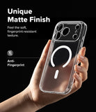 iPhone 18 Pro Max Case | Fusion Magnetic Matte - A hand holds a clear smartphone case with a matte finish and a white magnetic ring design, shown against a black background with promotional text about fingerprint resistance and matte texture.