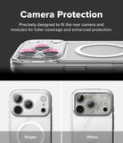iPhone 18 Pro Max Case | Fusion Magnetic Matte - Promotional graphic for a clear camera protection case for an iPhone, showing a close-up of the case installed on the back of the phone with a pink ring accent, plus two smaller comparison images below labeled Ringke and Others.