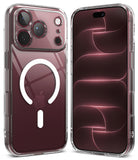 iPhone 18 Pro Max Case | Fusion Magnetic - A clear MagSafe-compatible phone case shown on two silver iPhones, with one phone displaying its screen and the other showing the back of the case with the circular MagSafe ring.