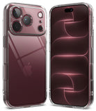 iPhone 18 Pro Max Case | Fusion - A clear, transparent protective phone case shown on two silver iPhones, displaying both the back view with a raised camera bumper and the side profile of the case.