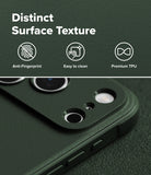 iPhone 18 Pro / Pro Max Case Onyx all-groups - Dark green textured phone case with camera cutouts, shown with marketing text reading 'Distinct Surface Texture' and icons for anti-fingerprint, easy to clean, and premium TPU.