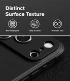 iPhone 18 Pro Max Case | Onyx - Black textured phone case with camera cutouts, shown on a dark background with marketing text reading 'Distinct Surface Texture' and icons for anti-fingerprint, easy to clean, and premium TPU.