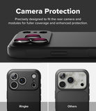 iPhone 18 Pro Max Case | Onyx - Promotional graphic for a phone camera protection case. The top section shows a black case with a raised camera module and three magenta ring accents, under the text 'Camera Protection.