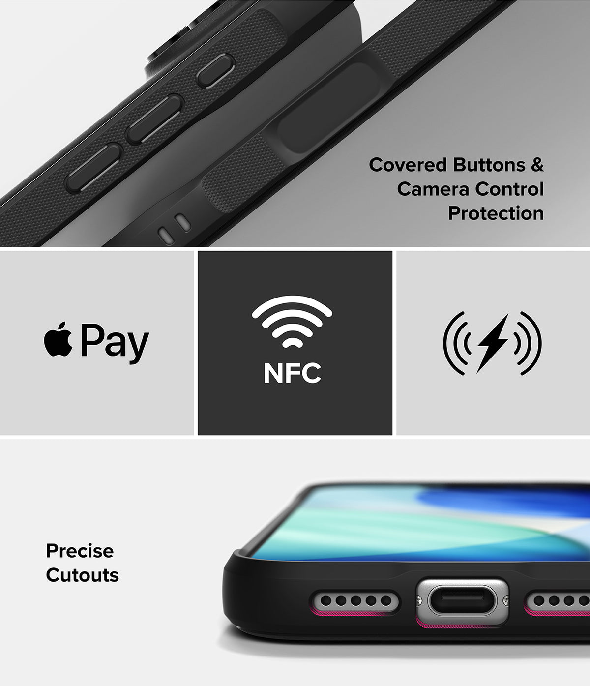 iPhone 18 Pro Max Case | Onyx - A black protective phone case shown in a composite marketing graphic with feature callouts: covered buttons and camera control protection, compatibility with Apple Pay and NFC, and precise cutouts. The image includes close-up views of the case edges and the bottom port area with pink accent lines.