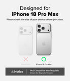 iPhone 18 Pro Max Case | Onyx - A compatibility graphic for an iPhone 18 Pro Max phone case, showing two phone back views: a white case marked with a pink X for iPhone 18 Pro and a clear/silver case marked with a green circle for iPhone 18 Pro Max. Text states the product is designed for iPhone 18 Pro Max and advises checking device size.