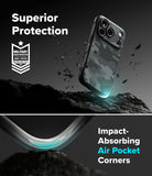 iPhone 18 Pro Max Case | Onyx - A smartphone case with a dark gray and black camouflage pattern is shown floating above dark rocks in a dramatic studio-style graphic. Text reads 'Superior Protection' with a military drop-test badge, and the lower section says 'Impact-Absorbing Air Pocket Corners.