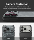iPhone 18 Pro Max Case | Onyx - Promotional graphic for a phone camera protection case. The top section shows a close-up of a dark gray textured camera bumper with three circular camera lens protectors, under the text 'Camera Protection'.