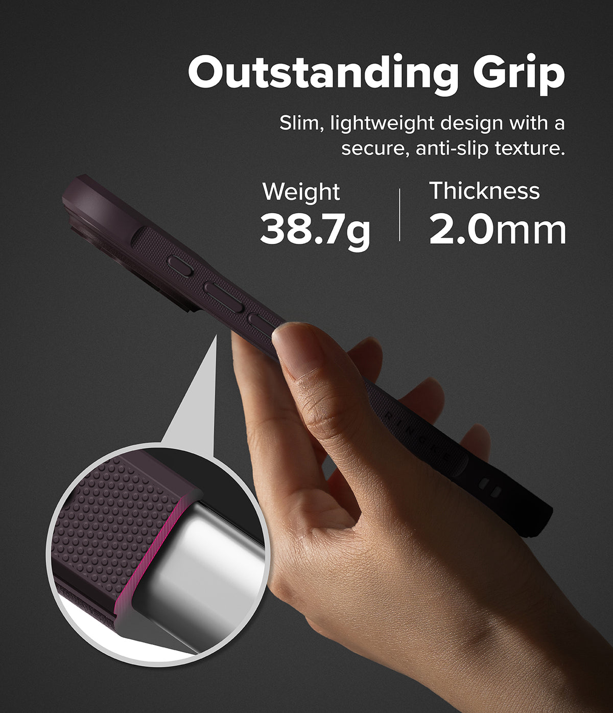 iPhone 18 Pro Max | Onyx - A hand holds a slim dark purple phone case against a dark gray background, with marketing text reading 'Outstanding Grip' and a circular inset showing the textured grip detail. The case is described as lightweight with a secure anti-slip texture, and weight and thickness are listed as 38.