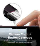 iPhone 18 Pro Max | Onyx - Close-up of a hand pressing the camera control button on the top edge of a smartphone, with a circular inset showing the button coverage detail and text reading 'Camera Control Button Coverage'.