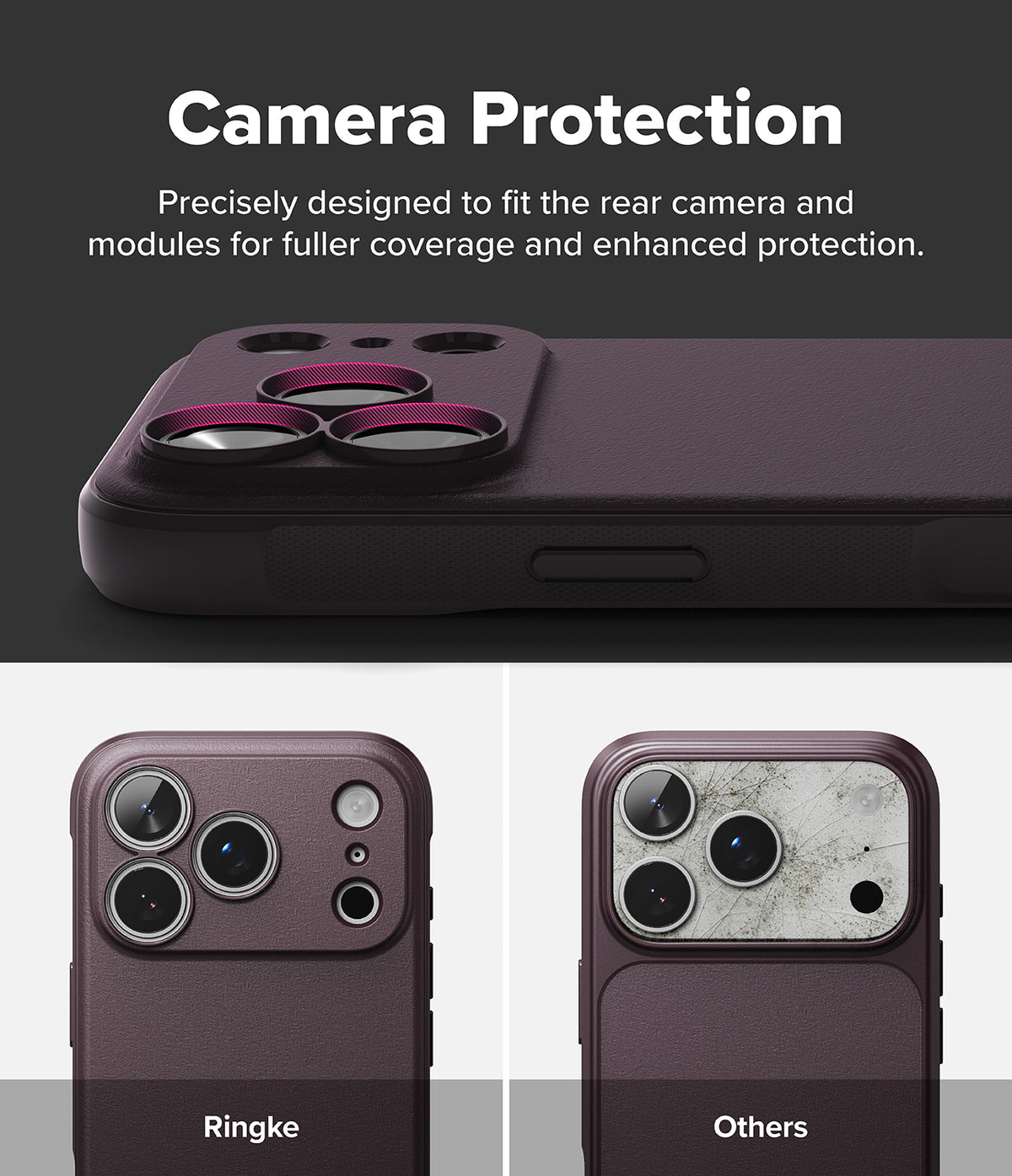 iPhone 18 Pro Max | Onyx - A dark purple phone case with a raised camera module and three circular camera lens protectors, shown above two smaller views labeled Ringke and Others. Text at the top reads 'Camera Protection' and describes precise fit and enhanced protection.