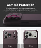iPhone 18 Pro Max | Onyx - A dark purple phone case with a raised camera module and three circular camera lens protectors, shown above two smaller views labeled Ringke and Others. Text at the top reads 'Camera Protection' and describes precise fit and enhanced protection.