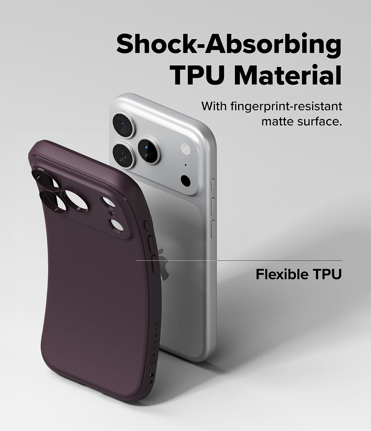 iPhone 18 Pro Max | Onyx - A dark plum purple phone case shown in front of a silver smartphone on a light gray background, with marketing text reading 'Shock-Absorbing TPU Material' and 'Flexible TPU'.