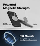 iPhone 18 Pro / Pro Max Case Onyx Magnetic all-groups - Promotional graphic for a black magnetic phone case with a large circular MagSafe ring, shown floating above a dark blue lower section with text reading 'Powerful Magnetic Strength' and 'N52 Magnets'.