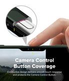 iPhone 18 Pro / Pro Max Case Onyx Magnetic all-groups - Close-up of a hand pressing the camera control button on the top edge of a smartphone, with a circular inset showing the button coverage detail and text reading 'Camera Control Button Coverage'.