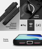 iPhone 18 Pro / Pro Max Case Onyx Magnetic all-groups - Black protective phone case shown in a multi-panel infographic highlighting features: side button coverage, inside magnet design, compatibility with Apple Pay and NFC, and precise cutouts for the charging port and speaker.